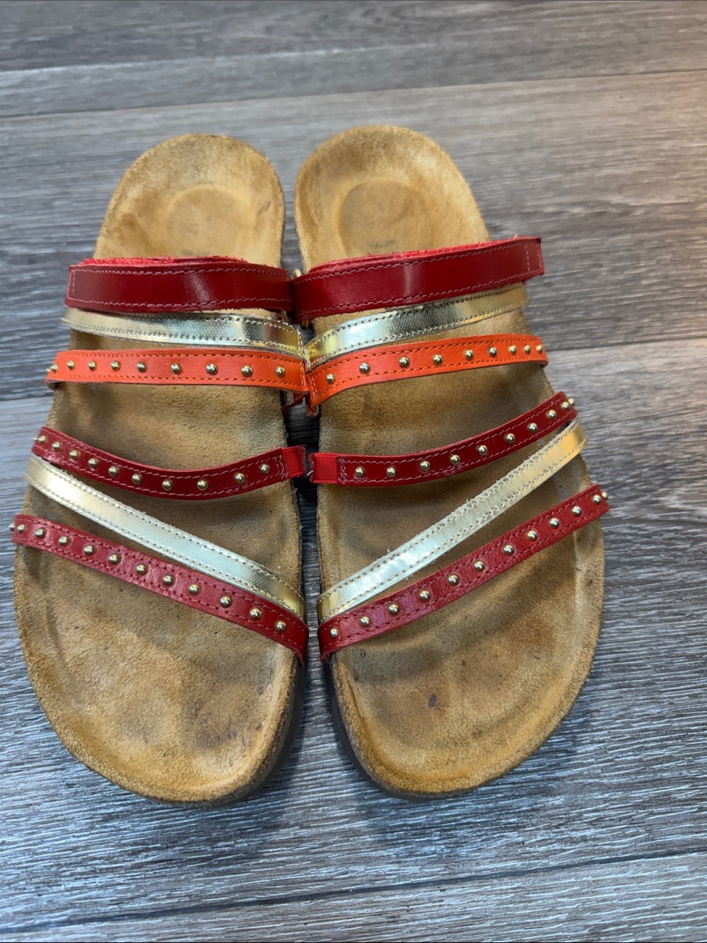 Naot Women’s Red, Orange & Gold Multi-Strip Studded Slide Sandals Sz 9.5 (h191)